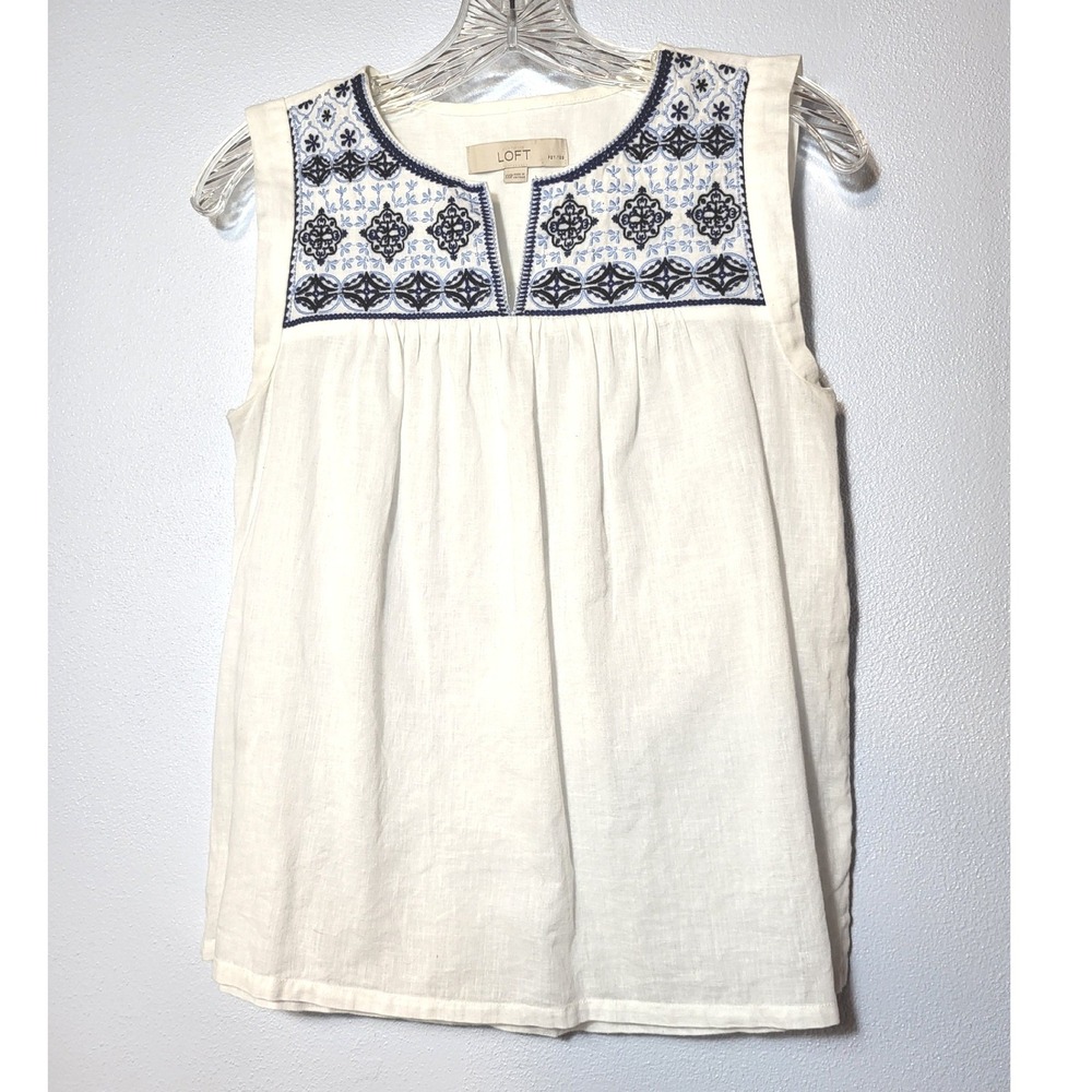 Ann Taylor‎ LOFT White Linen Blend Embroidered Split Neck Sleeveless Top XXSP